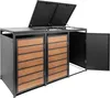 A three-door trash can enclosure with a dark gray metal frame and wood-effect panels. Produktbild-Vorschau
