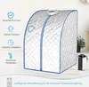 A portable steam sauna tent with accompanying accessories and informational icons. Náhľad obrázku produktu
