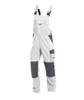 A pair of white and gray work overalls.