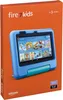 The image shows the retail packaging of an Amazon Fire 7 Kids tablet. The box is orange and features a picture of the blue tablet with its teal stand and screen displaying various children's apps. Voir les images du produit