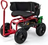 A red garden cart with a black seat and storage compartments, shown on a white background. Podgląd zdjęcia produktu