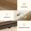 A collage of images showing details of a console table, including its wood grain texture, an anti-tip kit, and adjustable foot pads. Anteprima dell’immagine prodotto