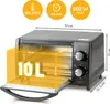 A close-up angled view of a black toaster oven with its door open, displaying its interior capacity with a yellow overlay and dimensions. Several informational icons are visible above. Voir les images du produit
