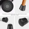 Collage showing close-ups of black rubber chair leg protectors, some on wooden and metal chair legs, and a description of their benefits. Produktbild-Vorschau
