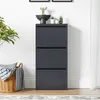 A dark gray shoe cabinet with three flip-down drawers, placed in a room with a basket of blankets and a plant nearby. Náhled obrázku produktu