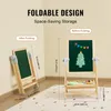 A foldable children's easel shown in both its open and folded states, with dimensions indicated. Voir les images du produit