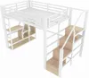 A white metal loft bed with wooden steps and shelves, shown from a diagonal angle against a white background. Voir les images du produit