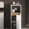 A white and wood-tone bathroom cabinet with various toiletries on its shelves. Produktbild-Vorschau