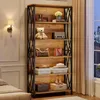 A tall, industrial-style bookshelf filled with decorative items and storage baskets, placed in a room with a bed and a wall lamp. Náhled obrázku produktu