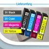 Four ink cartridges are displayed in a row, with text labels on the left indicating quantities and colors. Produktbild-Vorschau