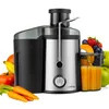 A stainless steel juicer with various fruits and vegetables surrounding it, and a glass of juice next to it. Produktbild-Vorschau