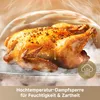 A close-up of a roasted chicken with steam rising around it, presented in a marketing-style image. Produktbild-Vorschau