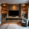A modern living room setup featuring a large television mounted above a fireplace and built-in shelving units. Produktbild-Vorschau