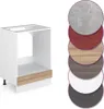 A white kitchen cabinet base unit with a wood-tone accent panel, shown next to a palette of six circular material samples. Voir les images du produit