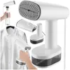 Collage of a white fabric steamer in various configurations, demonstrating its use with a shirt and a water bottle. Produktbild-Vorschau