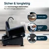 A black slicer is shown in a kitchen setting with marketing text highlighting its features. Produktbild-Vorschau