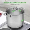 A large stainless steel pot with a glass lid is shown on a stovetop, with measurements and capacity indicated by overlay text. Produktbild-Vorschau