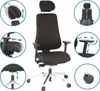 A black ergonomic office chair with multiple inset diagrams highlighting adjustable features. Produktbild-Vorschau