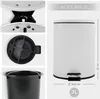 A collage of images showing a white pedal bin from different angles, including close-ups of its mechanism and inner bucket, along with its dimensions and capacity. Anteprima dell’immagine prodotto
