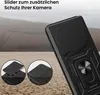 A black phone case with a slider for camera protection is shown in a desert-like environment. Produktbild-Vorschau
