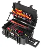An open black tool case filled with various tools, including screwdrivers, pliers, and other electrical equipment. The case has multiple compartments and trays to organize the tools. Podgląd zdjęcia produktu
