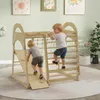 Two young children playing on a wooden Montessori climbing structure indoors. Podgląd zdjęcia produktu