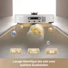 A white and gold robot vacuum cleaner is shown on a reflective floor, with animated bubbles and text overlays highlighting its features. Produktbild-Vorschau