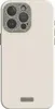 A close-up back view of a white iPhone case with a textured camera module and a small silver logo at the bottom. Produktbild-Vorschau