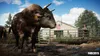 A bull stands in a fenced area with a barn and a person in the background. Produktbild-Vorschau