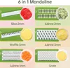 A collage of different mandoline slicer attachments and the results of using them. Produktbild-Vorschau