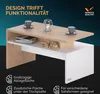 A modern coffee table with a wood-effect top and white base, featuring storage shelves. The image includes text overlays highlighting design and functionality. Náhľad obrázku produktu