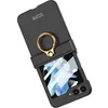 A black flip phone case with a gold ring stand is shown against a white background. Produktbild-Vorschau