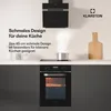 A modern kitchen scene featuring a black built-in oven, a black range hood, and kitchenware on a countertop. Produktbild-Vorschau
