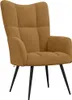 A brown velvet armchair with black legs against a white background. Voir les images du produit