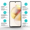 A smartphone screen protector is shown with various features highlighted by text and icons. Produktbild-Vorschau