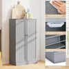 A gray storage cabinet with double doors is shown in a room with natural light. The right side of the image displays feature callouts with text and close-up images. Podgląd zdjęcia produktu