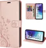 Collage of a rose gold flip phone case with floral design, showing the case open with cards and cash, and the phone inside. Produktbild-Vorschau