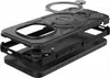 An exploded view of a black phone case with a magnetic ring holder. Náhled obrázku produktu