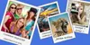 A collage of four polaroid-style photos with text overlays, set against a blue background. Podgląd zdjęcia produktu