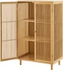 A wooden cabinet with slatted doors and shelves, shown with one door open. Podgląd zdjęcia produktu
