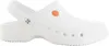 A white clog shoe with an orange accent is shown in a side profile against a white background. Produktbild-Vorschau