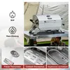 A collage of images showing a portable gas grill, its features, and specifications. Produktbild-Vorschau