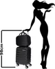A silhouette of a woman standing next to a stack of two black suitcases, with a measurement indicating the total height. Produktbild-Vorschau
