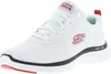 A white Skechers sneaker with red and black accents, shown from the side. Produktbild-Vorschau