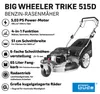 A lawnmower with its features listed next to it. Produktbild-Vorschau