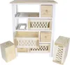 A wooden chest of drawers with woven baskets and drawers, shown against a white background. Two wooden boxes are placed next to the chest. Voir les images du produit