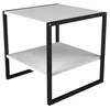A product shot of a two-tiered side table with a black metal frame and white shelves. Produktbild-Vorschau