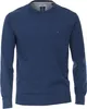 A blue crew neck sweater is shown on a white background.