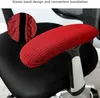 A red fabric cover is shown on the armrest of a black office chair. Produktbild-Vorschau