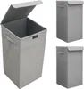 Three views of a gray fabric laundry basket with a lid. Produktbild-Vorschau